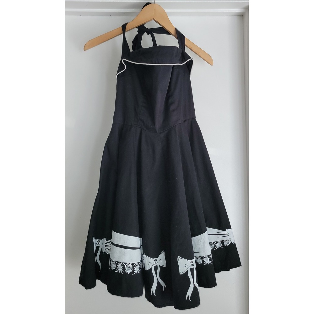Vtg Lucky 13 Women's Dress Sz M Black White Skull‎ Bows Fif and Flare Whimsigoth